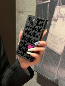 1入方形手機殼，有心型英文字母印花，適用於蘋果iPhone手機 - 黑色 - 查看 3