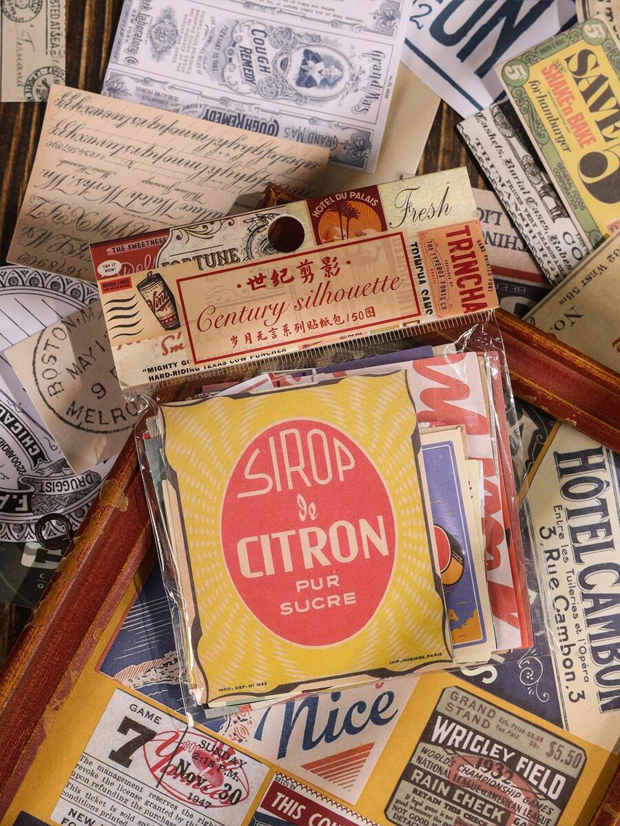 50入組混合款式古董郵戳風紙貼紙,世紀影像系列,適用於相冊、剪貼簿、筆記本、手機裝飾 - 彩色 - 查看 1