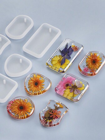 6pcs Keychain Pendant Silicone Mold Set Crystal Epoxy Resin Mold Round Rectangle Pendants Jewelry Making Casting Mould