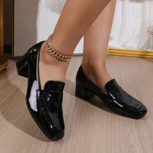 2023 New Arrival Fashionable Square Toe Comfortable Chunky High Heel Leather Shoes For Women, All Season