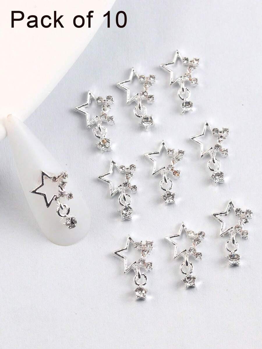 10Pcs/Pack Japanese And Korean Style Lz Internet Celebrity New Nail Art Alloy Decoration With Rhinestone Star Pendant For Diy Nail Decoration Nail Charms Nail Gems Nail Supplies Nails