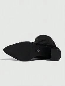 女士时尚过膝靴，后拉链，适合春秋冬季，绒面细长靴，尖头粗跟高跟过膝靴，保暖内衬款式 - 黑色 - 查看 5