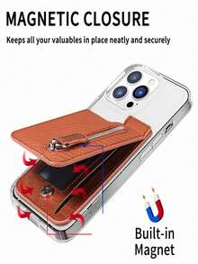 1pc Universal Mobile Phone Card Holder With Zipper Coin Pocket, 3m Adhesive Back Sticker, Multi-functional Card Slot Wallet - Brown - View 7