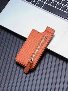 1pc Universal Mobile Phone Card Holder With Zipper Coin Pocket, 3m Adhesive Back Sticker, Multi-functional Card Slot Wallet - Brown - View 9