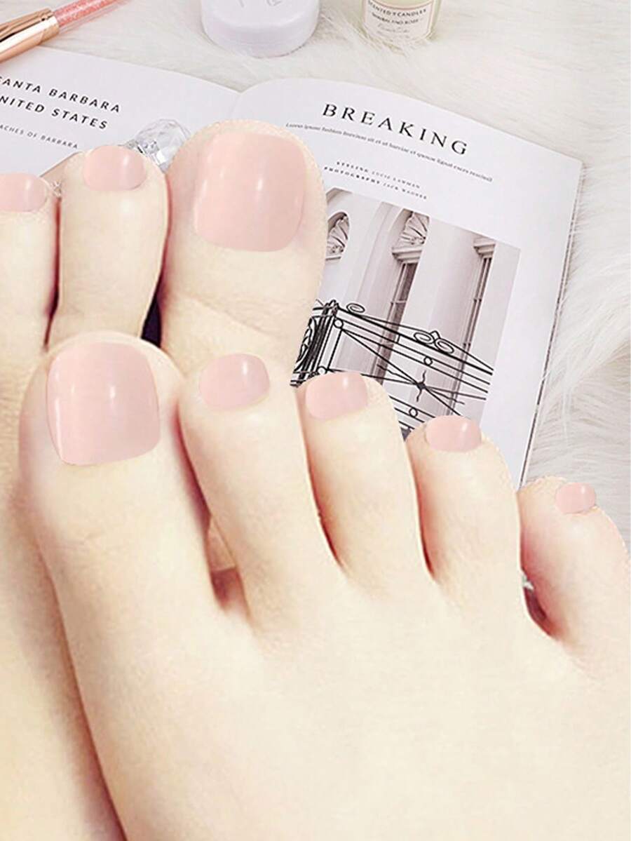 升級您的風格 24 件/套短方形蓮花粉紅色假腳趾甲適合女士和女孩 - 藕粉色 - 查看 1