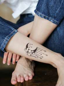 1 件裝黑色彎月、蝴蝶和精靈設計臨時紋身貼紙,適合手臂、手腕、胸部、腹部、背部和其他身體部位 - 黑色 - 查看 3