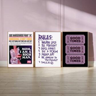 3入組潮流復古藝術海報,復古報紙生活規則好時光門票時尚畫布油畫印花現代家居裝飾,無框適用於客廳,臥室,宿舍,吧台