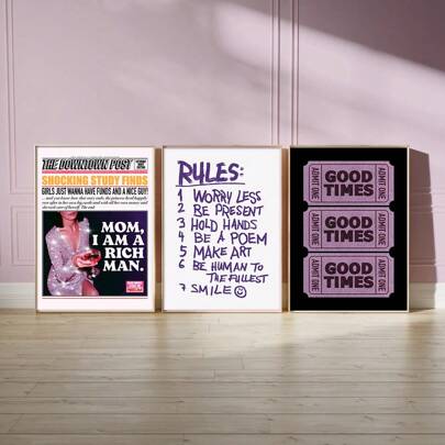 3入組潮流復古藝術海報,復古報紙生活規則好時光門票時尚畫布油畫印花現代家居裝飾,無框適用於客廳,臥室,宿舍,吧台