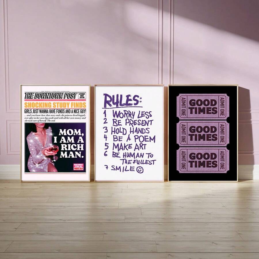 3入組潮流復古藝術海報,復古報紙生活規則好時光門票時尚畫布油畫印花現代家居裝飾,無框適用於客廳,臥室,宿舍,吧台 - 杏色 - 查看 1
