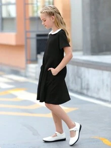 Girls Contrast Collar Dress - Black - View 3