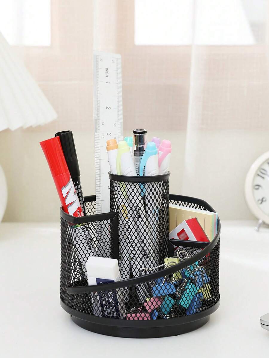 Rotating Mesh Desk Organizer, Black Metal Mesh Desk Organizer With 360° Rotation, Step Design With 4 Compartments, Home Office Art Supplies Storage Box, Black - Black - View 1