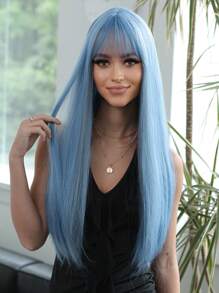 飘逸蓝色角色扮演美人鱼长直发 26 英寸带刘海合成假发，适合女性日常使用派对度假节日自然丝滑浪漫优雅简约休闲万圣节圣诞节角色扮演服装耐热假发 - 淺藍色 - 查看 5