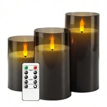 無火遙控蠟燭,帶10鍵遙控和2/4/6/8小時定時器的led立柱蠟燭,單一電池供電的聖誕萬聖節派對家居裝飾蠟燭 - 灰色 - 查看 5