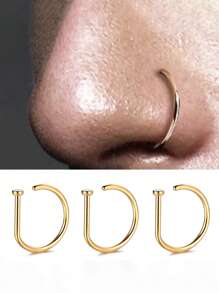 HOTNICE 3入組不鏽鋼假鼻環&耳環男士專用-時尚舒適非穿孔鼻夾珠寶 - 3個金色 - 查看 1