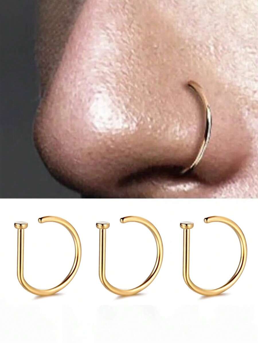 HOTNICE 3入組不鏽鋼假鼻環&耳環男士專用-時尚舒適非穿孔鼻夾珠寶 - 3個金色 - 查看 1