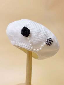 1 件女孩仿珍珠链针织贝雷帽，绘画风格 - 时尚、别致、经典、标志性、优雅、复古和个性便帽 - 白色 - 查看 2
