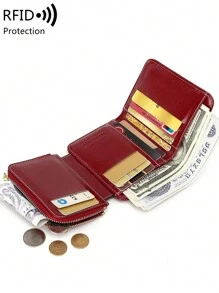 MIYIN 时尚复古女士短款钱包，多功能按扣零钱包和钞票夹，拉链信用卡夹，三折RFID屏蔽PU皮革卡槽带身份证窗口，适合女性、女孩、研究生、大学生、年轻女士和上班族日常使用（酒红色） - 酒紅色 - 查看 5