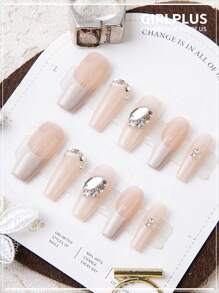 GIRL PLUS Girlplus 10入組手工假指甲,長棺材形狀,漸層米色法式鑽石設計,時尚的指甲套裝,適合女性和女孩的日常穿著