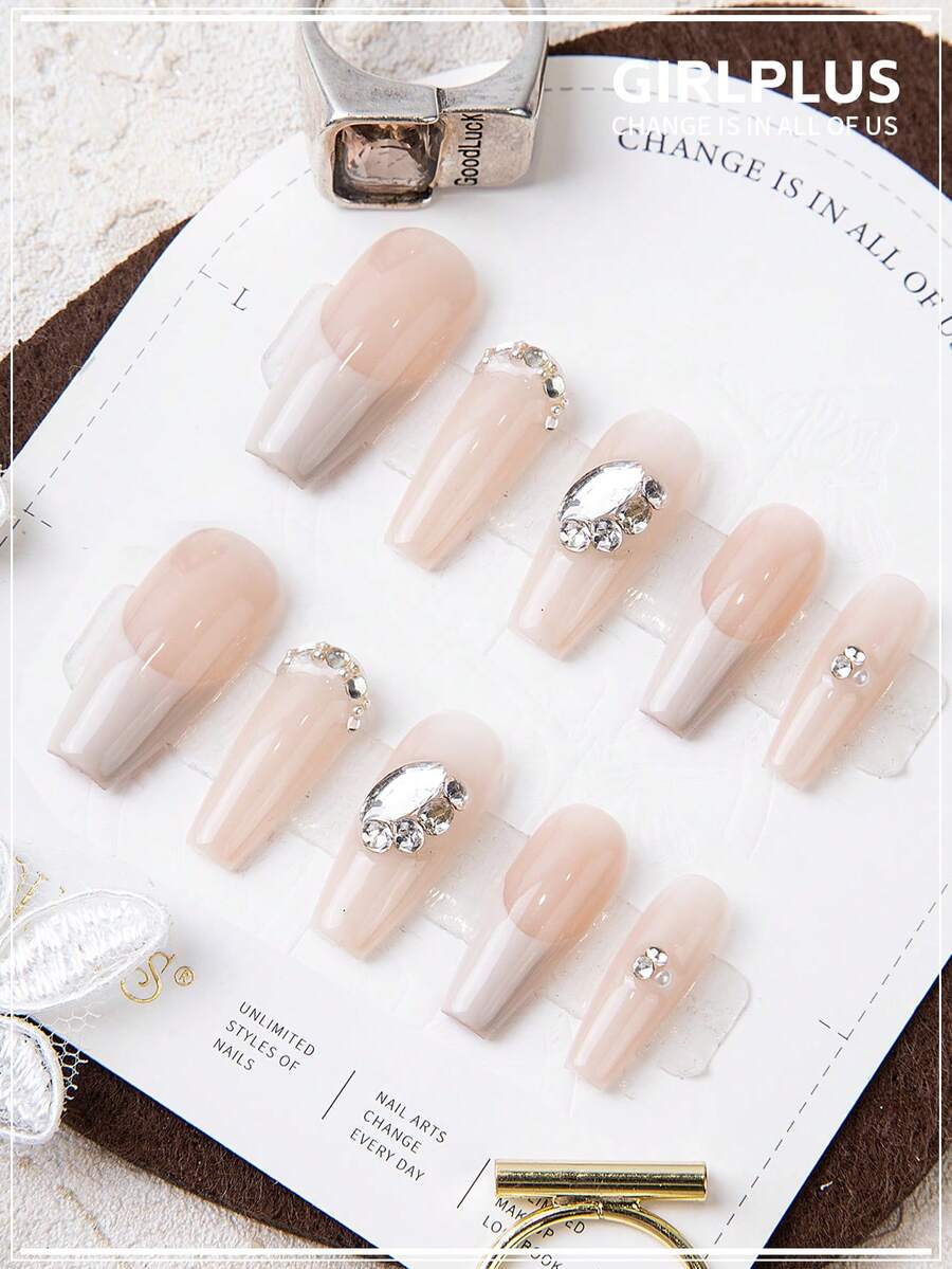 GIRL PLUS Girlplus 10入組手工假指甲,長棺材形狀,漸層米色法式鑽石設計,時尚的指甲套裝,適合女性和女孩的日常穿著