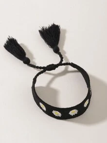 1pc Men's Black Embroidered Daisy Handmade Braided Bracelet - Multicolor - View 2