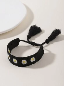 1pc Men's Black Embroidered Daisy Handmade Braided Bracelet - Multicolor - View 4