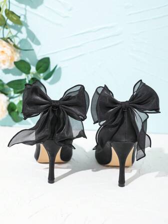 2pcs Black Shoe Accessories With Floral Decoration, Mesh And Bow, Detachable DIY Fashionable Accessory For Elegant Party Or Banquet, Suitable For Flat, Low Or High-Heel Shoes, Elegant Butterfly Shoes Accessories For Spring Summer