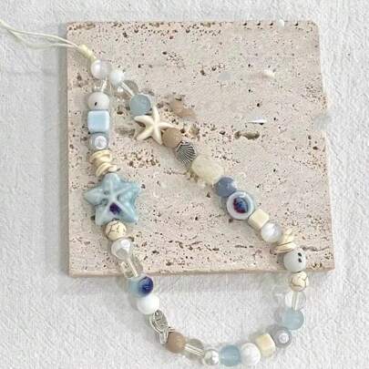 Handmade Ocean Starfish, Shell, Ceramic, Ccd, Beads Phone Strap With Camera, Lovely Gifts For Mother, Family, Friends, Birthday, Holiday Phone Charm, Phone Chain