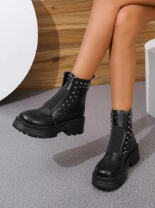 Botas casuales con suela gruesa y banda elástica para mujer, hechas a mano, color negro, de plataforma cómoda, tacón ancho, nuevo estilo para otoño/invierno