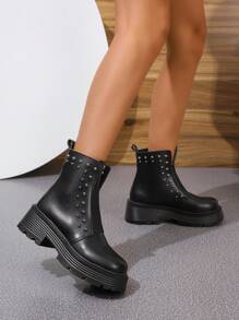 Botas casuales con suela gruesa y banda elástica para mujer, hechas a mano, color negro, de plataforma cómoda, tacón ancho, nuevo estilo para otoño/invierno