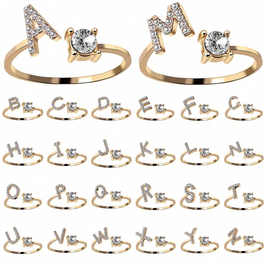 Anillo ajustable para nudillos con letras y cristal Az, regalo para mujeres y niñas que cubre 26 iniciales, perfecto para crear un momento inolvidable, 1 pieza