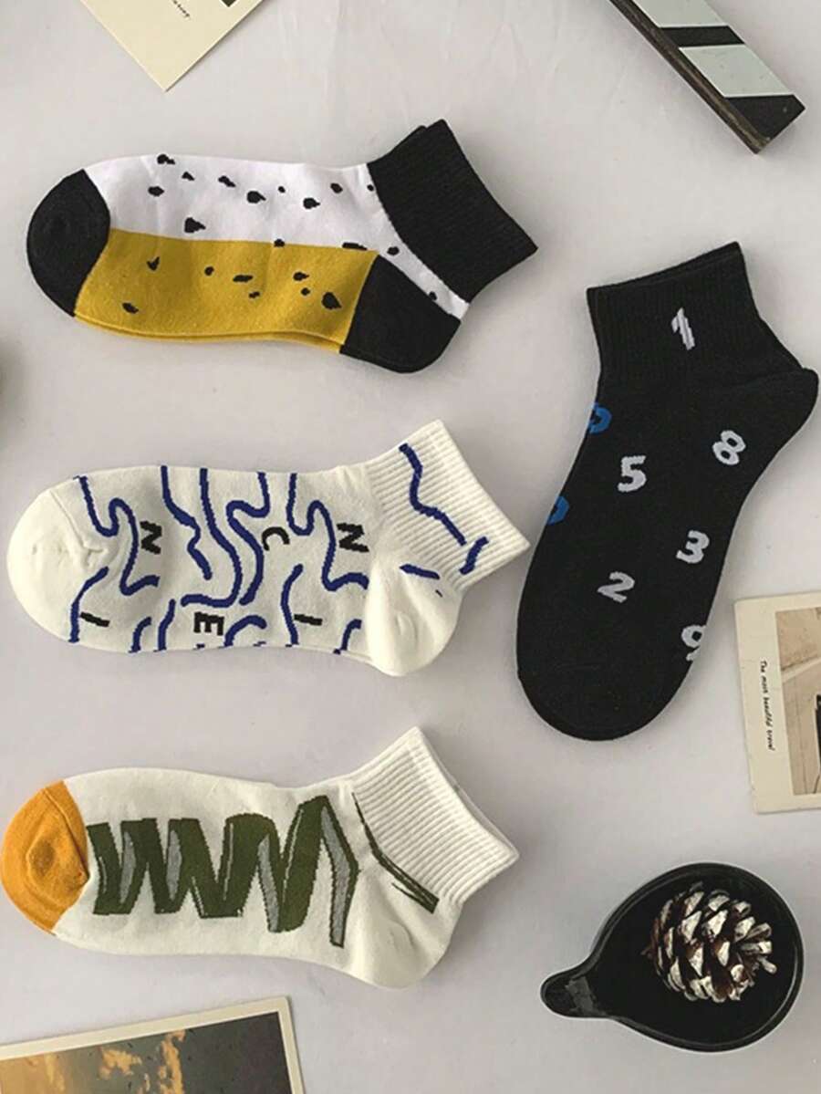 4pairs Men's Fashionable Digital & Colorful Striped Short Socks - Multicolor - View 1