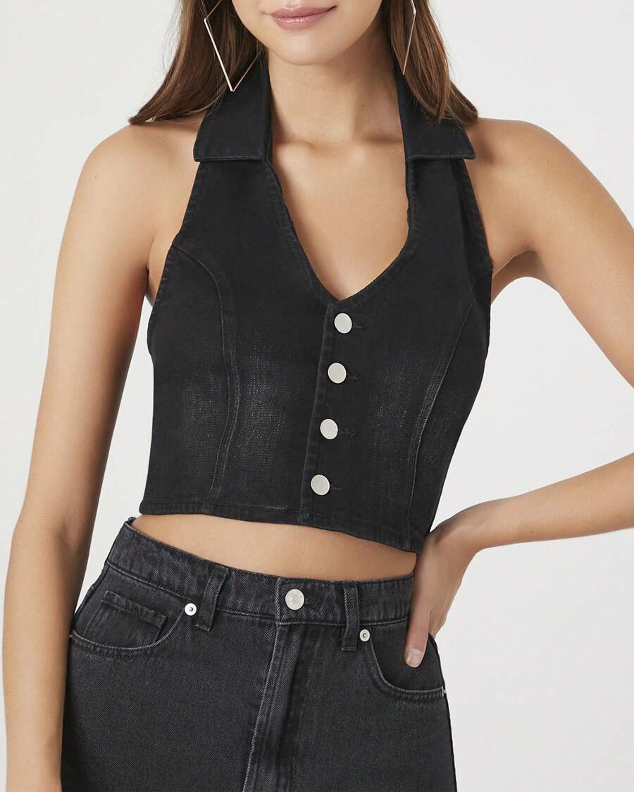 Plunging Denim Halter Crop Top - màu đen - Xem 1