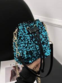 Sequin Bag 1pc Blue Sparkly Glitter Drawstring Bucket Bag With Chain Strap For Women - Crossbody Shoulder Handbag For Lady,Party Girl Perfect for Party,Wedding Perfect match with prom dress, holiday party dress,cocktail dress and christmas dress - Blue - View 7