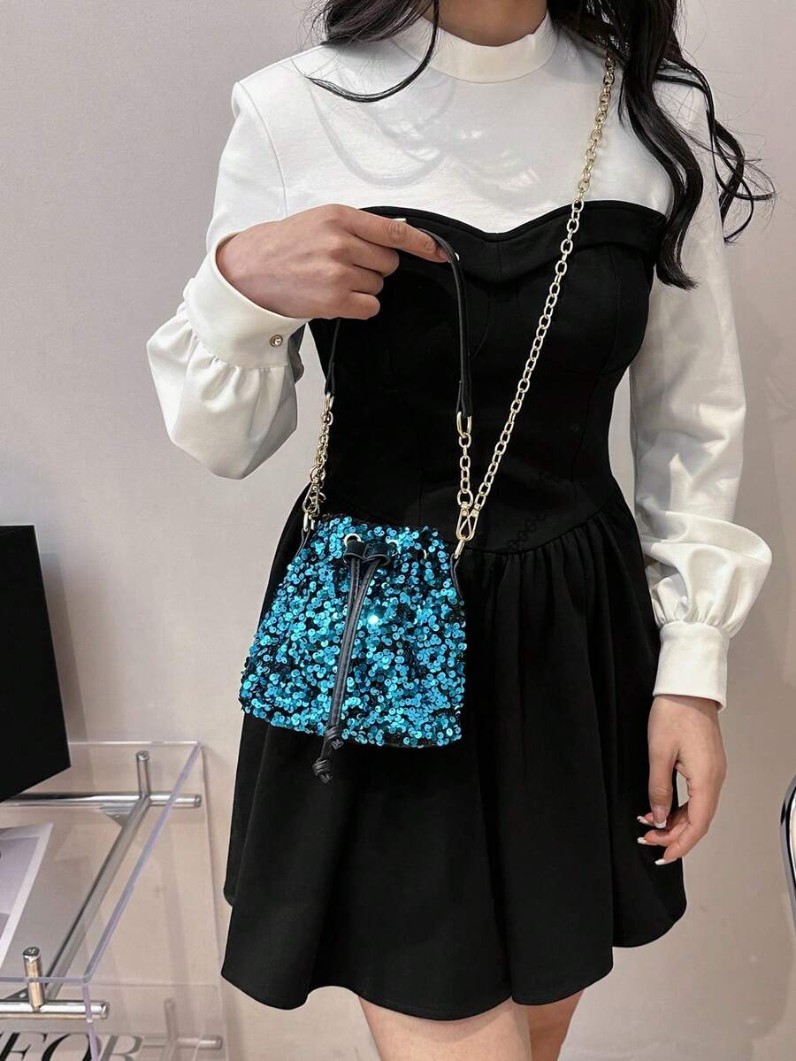 Sequin Bag 1pc Blue Sparkly Glitter Drawstring Bucket Bag With Chain Strap For Women - Crossbody Shoulder Handbag For Lady,Party Girl Perfect for Party,Wedding Perfect match with prom dress, holiday party dress,cocktail dress and christmas dress - Blue - View 1