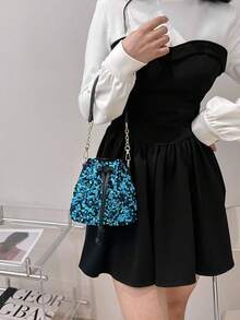 Sequin Bag 1pc Blue Sparkly Glitter Drawstring Bucket Bag With Chain Strap For Women - Crossbody Shoulder Handbag For Lady,Party Girl Perfect for Party,Wedding Perfect match with prom dress, holiday party dress,cocktail dress and christmas dress - Blue - View 3