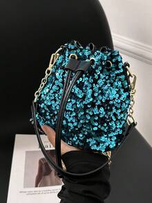Sequin Bag 1pc Blue Sparkly Glitter Drawstring Bucket Bag With Chain Strap For Women - Crossbody Shoulder Handbag For Lady,Party Girl Perfect for Party,Wedding Perfect match with prom dress, holiday party dress,cocktail dress and christmas dress - Blue - View 2