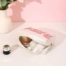 時尚沐浴字母印花盥洗包學院風女化妝包,防水 Pu 材質,化妝收納袋護膚品收納袋,女性女孩可愛美學時尚禮物,化妝袋 - 金色 - 查看 2