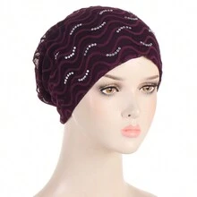 New Plain Rhinestone Decor Ladies Turban Cap - Women's Head Wrap Hat - Coffee Brown - View 6