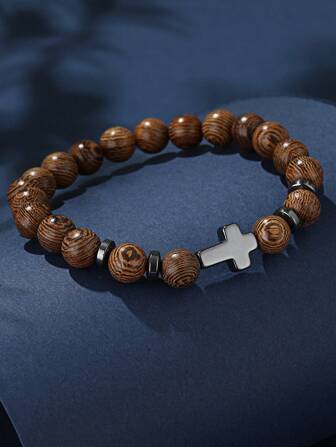 1pc Men's Wooden Beaded Bracelet With Cross Pendant