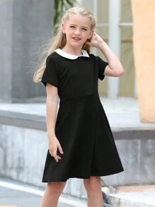 Girls Contrast Collar Dress - Black - View 1