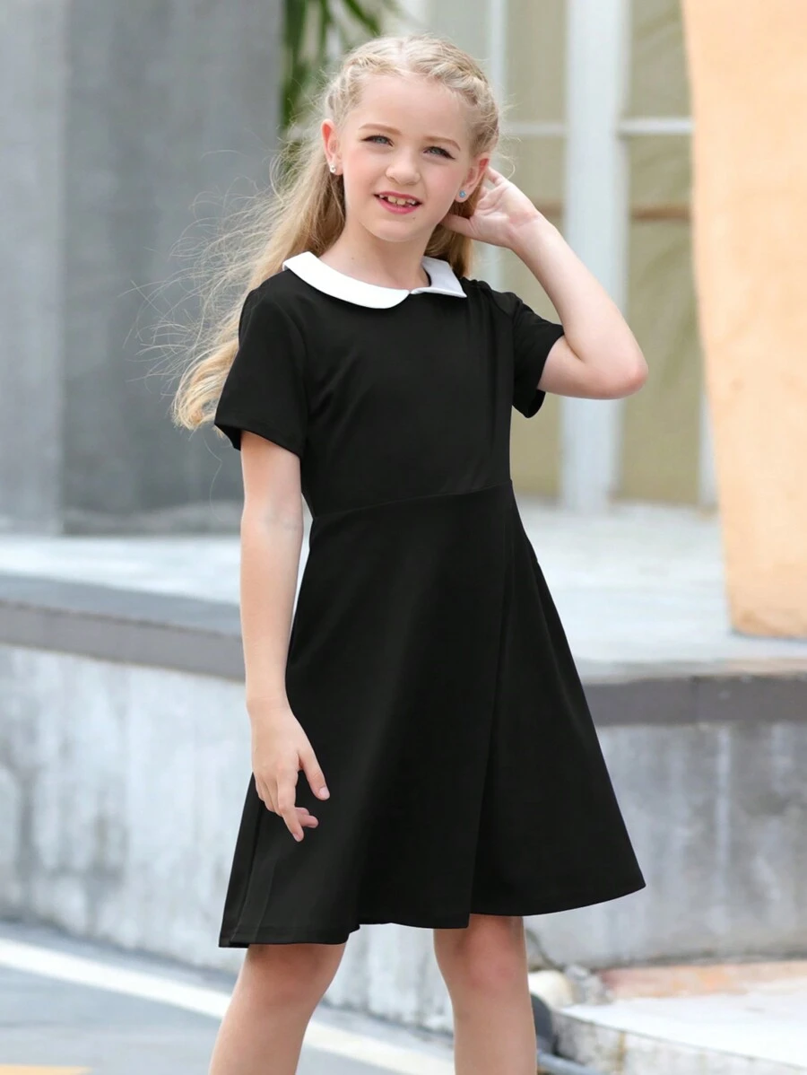 Girls Contrast Collar Dress - Black - View 1