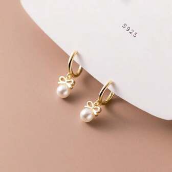 S925 Sterling Silver Bowknot Decor & Pearl Pendant Earrings Set, Elegant & Minimalist Gift For Friends & Family, Women