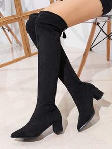 女士时尚过膝靴，后拉链，适合春秋冬季，绒面细长靴，尖头粗跟高跟过膝靴，保暖内衬款式 - 黑色 - 查看 4