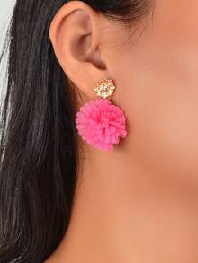 1對女性派對約會珠寶配件,精美深粉色紗花吊墜耳釘