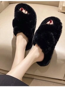 3.5CM黑色時尚毛絨拖鞋適用於家庭 - 黑色 - 查看 2