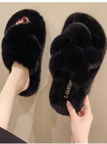 3.5CM黑色時尚毛絨拖鞋適用於家庭 - 黑色 - 查看 1