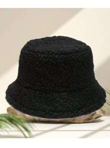 1 pieza Gorro tipo cubo esponjoso de otoño/invierno para mujeres, gorro tipo cubo de pareja cálido con forro de felpa sólido estilo japonés y ala corta linda - Negro - Ver 1