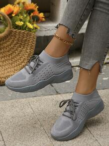 Women's Comfortable Knitted Athletic Shoes Plus Size Low Top Flat Casual Shoes 2023 Autumn New Arrival - Grey - View 3