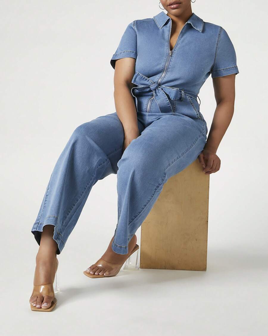 Plus Size Zip-Up Denim Jumpsuit - Blue - View 1