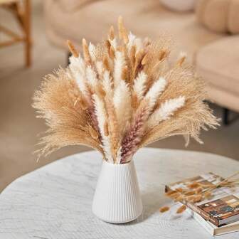 180pcs Natural Dried Pampas Grass Decor, Fluffy Bohemian Style Bouquet, Perfect For Wedding, Farmhouse, Home Decor, Table, Bedroom, Boho Style, 44cm